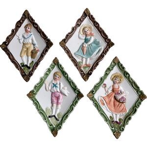 4 Vintage Enesco Victorian Children Wall Plaque Set Porcelain Bisque Diamond